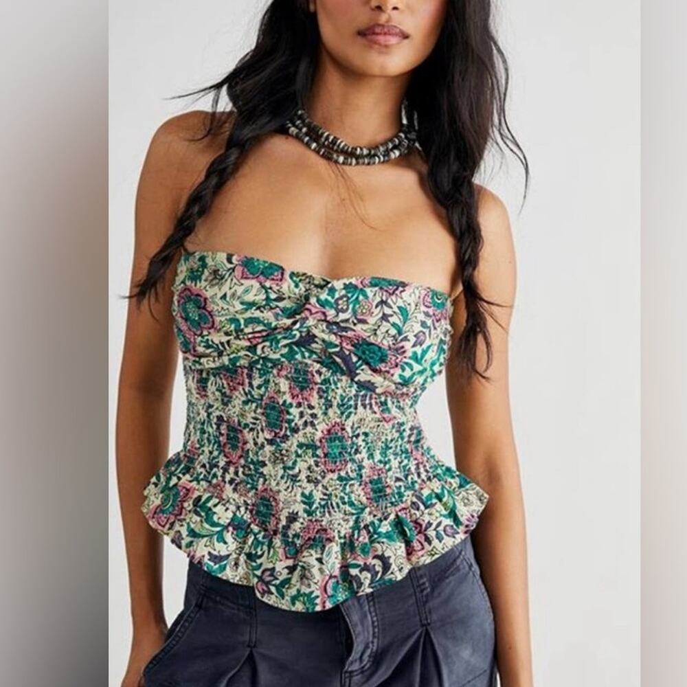 Free People One More Time Tube Top Green Pink Floral Strapless Size Large